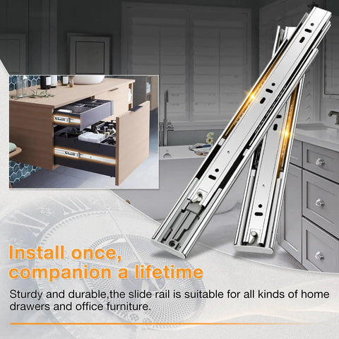 Soft Close Full Extension Drawer Slides Stainless Steel Side Mount Ball Bearing Rails 10 Inch Pair Heavy Duty 100 lb Capacity installed in drawer