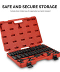 Half Inch Impact Socket Set 35 Piece Deep Socket Kit with ratchet handle in red carry case, secure storage
