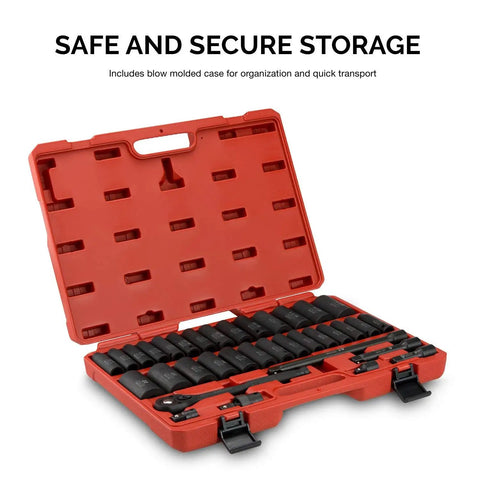 Half Inch Impact Socket Set 35 Piece Deep Socket Kit with ratchet handle in red carry case, secure storage