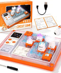 Circuit Board Kit For Kids With 500 Plus QR Guided Projects, STEM Electronics Set For Ages 8 And Up, 5 Hands On Interactive Modules Including Fan, Projector, And Bulb Modules, Great Educational Gift, orange circuit board kit with modules, manual, cable, screwdriver