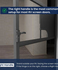 Right handle setup on an RV screen door frame with text guidance, contrasting focus with the Left Metal RV Screen Door Latch Kit With Left Hand Handle For Camper Motorhome Travel Trailer Built To Last Heavy Duty Zinc Alloy Handle And Sturdy Plastic Parts For Long Lasting Security And Easy Access.