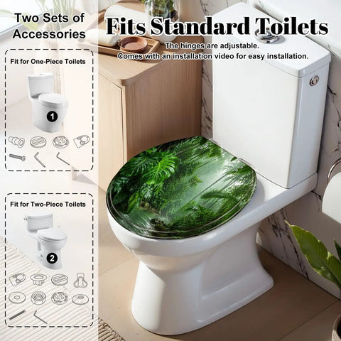 Round Tropical Rainforest Stream Dense Green Jungle Misty Toilet Seat on standard white toilet with adjustable hinges.