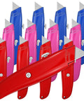 12 Pcs Retractable Professional Box Cutters Heavy Duty Aluminum Alloy Utility Knife Set With Three Color Options Blue Red Magenta For Warehouse Office Home DIY Projects, 12 knives displayed