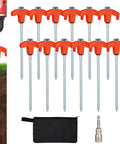 Beefy 8 Inch Screw In Tent Stakes With Hex Head Driver 12 Pack Ground Anchors for Camping shown with carrying bag