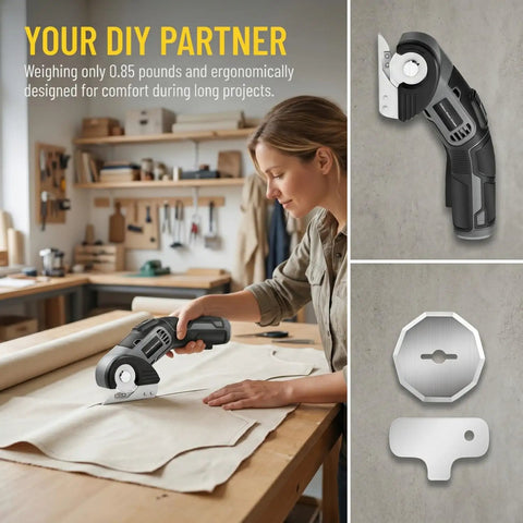 Lightweight Cordless Electric Scissors With Safety Lock For Easy Cutting Cardboard Fabric Leather Rope Plastic Carpet Perfect For Home DIY Craft Projects And General Household Tasks With Fast Usb Charging And Dual Blades Included For Efficient Workflow cutting fabric on table.