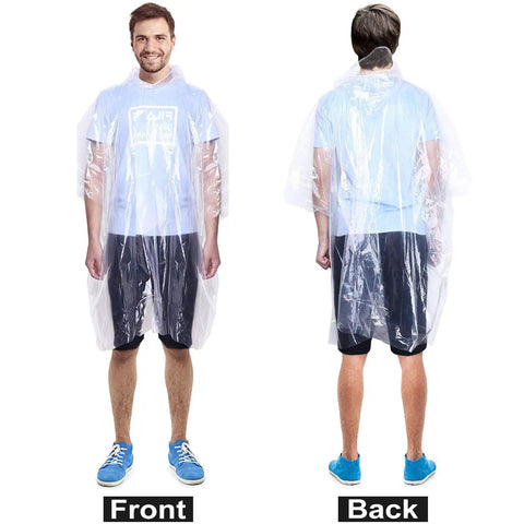 Front and back view of person wearing clear emergency hooded poncho, Family Pack Of 12 Disposable Rain Ponchos For Kids And Adults
