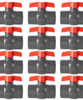 1/2 Inch SCH80 PVC Ball Valve 12 Pack Socket X Socket Shut Off For Irrigation And Pool Plumbing, gray with red handles, arranged in 3 rows.