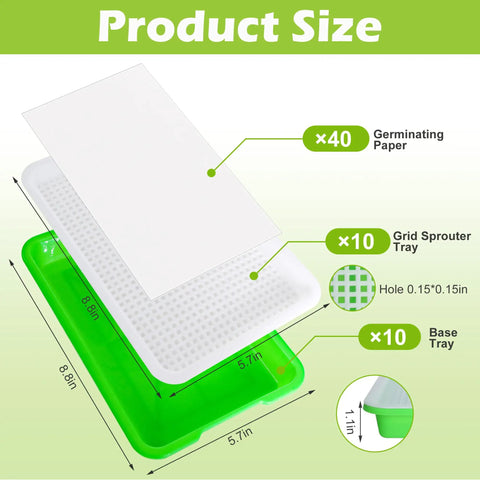 10 Pack Seed Sprouter Trays With Drain Holes BPA Free Soil Free Wheatgrass Microgreens Growing Kit With Germinating Paper Includes 40 Planting Papers For Easy Indoor Gardening