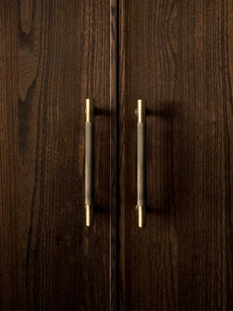 Antique Brass Knurled Cabinet Pulls 5 Inch Center To Center Solid Brass Dresser Drawer Handles on dark wood cabinets