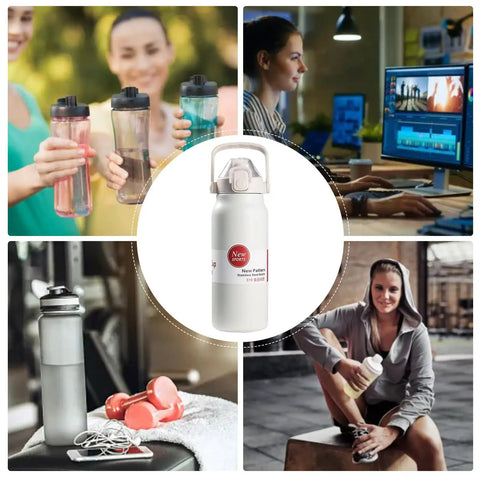Collage featuring Insulated Stainless Steel Water Bottle 1300ml Leakproof Travel Cup That Keeps Drinks Hot Or Cold For All Day Hydration