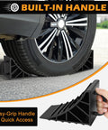 4 Pack Tough Wheel Chocks For RV Trailer And Truck Non Slip Hard Plastic Tire Blocks With Handles shown installed on vehicle