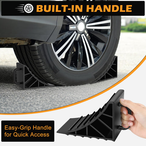 4 Pack Tough Wheel Chocks For RV Trailer And Truck Non Slip Hard Plastic Tire Blocks With Handles shown installed on vehicle
