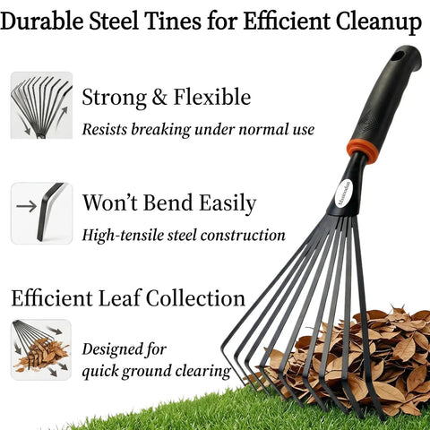 Two Pack Garden Hand Rake With Durable Steel Tines Small Shrub Rake With Ergonomic Non Slip Handle collecting leaves