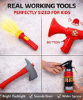 Deluxe 12 Piece Kids Firefighter Costume Set With Backpack Water Blaster Light Up Helmet Fire Extinguisher And Rescue Tools For Realistic Role Play Dress Up Fun featuring red flashlight, megaphone, axe, and hand holding fire extinguisher.