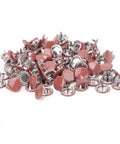 100 Pcs Colorful Brass Snap Fasteners Kit For Crafting, Sewing, And Leather Making, Rustproof And Durable, Easy Installation, Includes Hollow And Solid Male And Female Snaps, Great For DIY Projects. Pink brass snap fasteners pile on white background