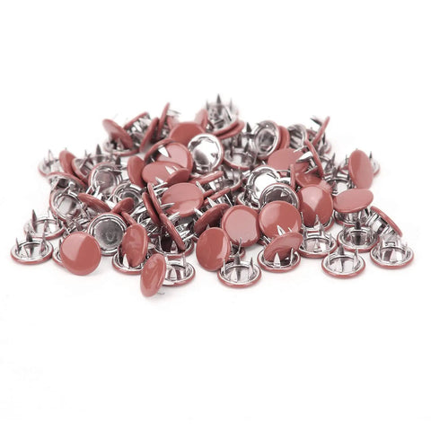 100 Pcs Colorful Brass Snap Fasteners Kit For Crafting, Sewing, And Leather Making, Rustproof And Durable, Easy Installation, Includes Hollow And Solid Male And Female Snaps, Great For DIY Projects. Pink brass snap fasteners pile on white background