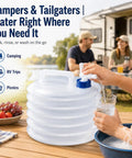 Collapsible Water Container With Spigot For Camping, RV, Hiking, Travel, And Emergency Prep shown in use outdoors
