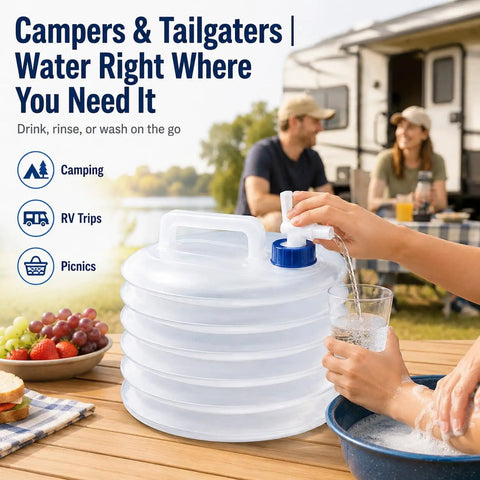 Collapsible Water Container With Spigot For Camping, RV, Hiking, Travel, And Emergency Prep shown in use outdoors