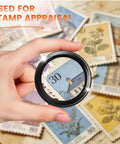 Person holding Five Piece Jewelers Loupe Set With 5X 10X 15X 20X 30X 36mm Glass Lenses magnifying stamp details