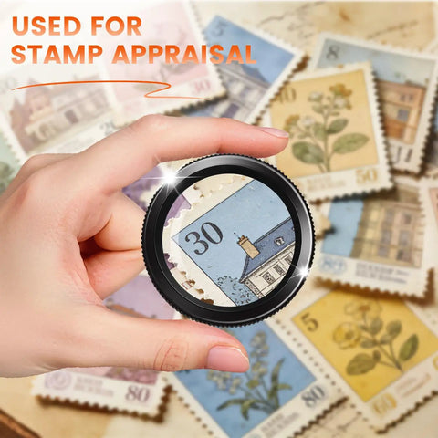 Person holding Five Piece Jewelers Loupe Set With 5X 10X 15X 20X 30X 36mm Glass Lenses magnifying stamp details