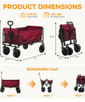 Collapsible Wagon Cart 102L 330 Lb Capacity Heavy Duty Portable Pull Cart with dimensions and foldable steps shown in red.