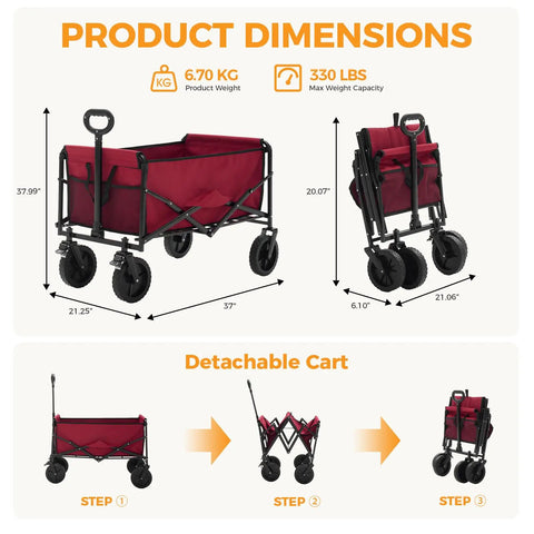 Collapsible Wagon Cart 102L 330 Lb Capacity Heavy Duty Portable Pull Cart with dimensions and foldable steps shown in red.