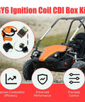 GY6 Ignition Coil CDI Box Starter Solenoid Relay Kit For 150cc 50cc 125cc Tao Tao Roketa Go Kart ATV Scooters With Voltage Regulator Rectifier Orange in use with orange go-kart shown on grass