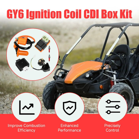 GY6 Ignition Coil CDI Box Starter Solenoid Relay Kit For 150cc 50cc 125cc Tao Tao Roketa Go Kart ATV Scooters With Voltage Regulator Rectifier Orange in use with orange go-kart shown on grass