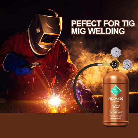Front view of brass Argon/CO2 welding gas regulator with dual gauges and attached hose