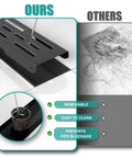 Comparison of 36 Inch Linear Shower Drain with Rectangular Brick Pattern in Matte Black Dope Finish and traditional hair-clogged drain.