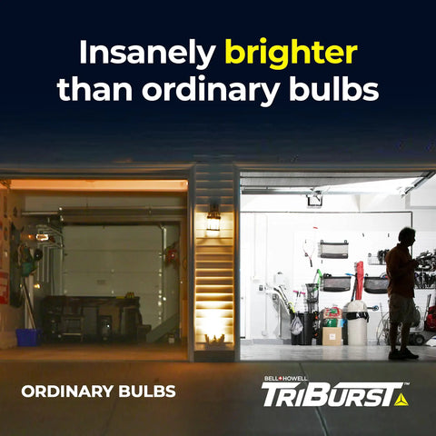 Comparison of garage lighting with ordinary bulb versus Triburst Motion Sensor LED Ceiling Light With 144 LEDs, 6500K Daylight