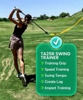 Person using Indoor Golf Swing Trainer With Ribbon For Right Handed Players Game Ready Speed And Impact Training to improve skills.