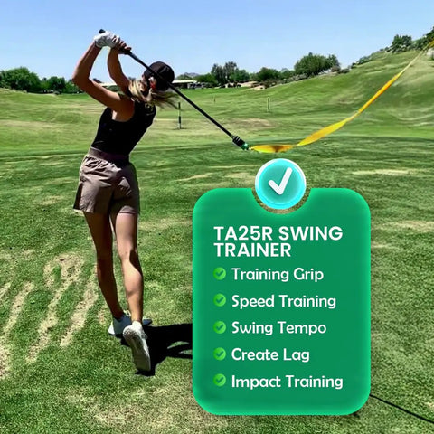 Person using Indoor Golf Swing Trainer With Ribbon For Right Handed Players Game Ready Speed And Impact Training to improve skills.