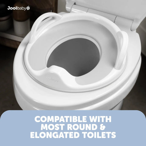 Toddler Potty Training Seat With Sure Grip Handles And Non Slip Base For An Easy Peasy Transition To The Big Toilet Includes Splash Guard Plus Handy Wall Hook Gray, placed on a toilet.