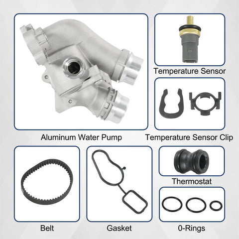 Beefed Up Aluminum Electric Water Pump For 2.0T Audi VW Engines 2008 To 2016 with sensor, belt, gasket, and thermostat