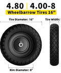 Flat Free 16 Inch Wheelbarrow Tire And Wheel Set Built Tough No Flats Solid Puncture Proof Tire side and front view