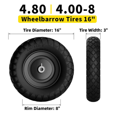 Flat Free 16 Inch Wheelbarrow Tire And Wheel Set Built Tough No Flats Solid Puncture Proof Tire side and front view