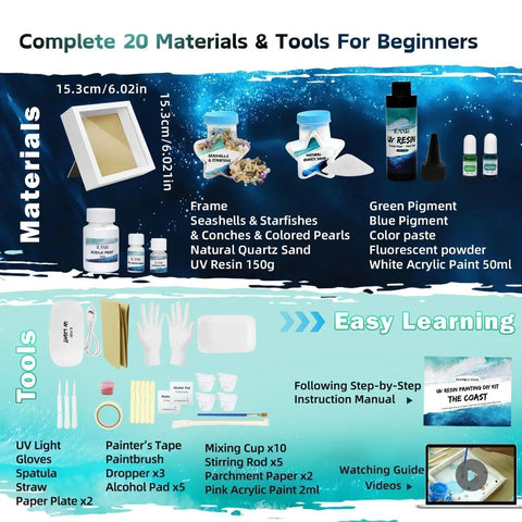 Coastal Sea Resin Art Kit For Teens And Adults With UV Light All-Inclusive Beginner Friendly DIY Beach Craft Gift Set contents overview.