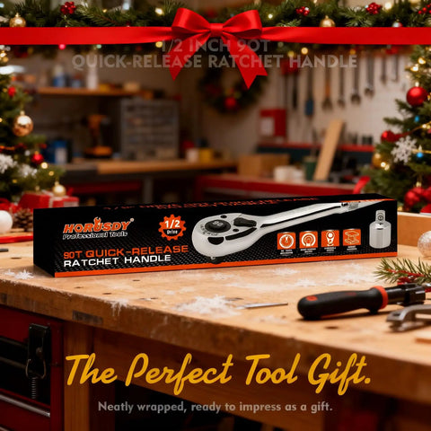 Boxed One Half Inch Drive Quick Release Ratchet Handle With 90-Tooth Reversible Chrome Alloy Socket Wrench on workbench