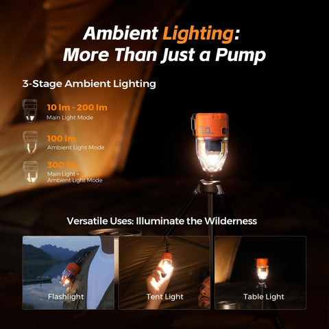 Go-To Air Pump For Inflatables Max Pump 3 with camping light modes as flashlight, tent light, and table light in use
