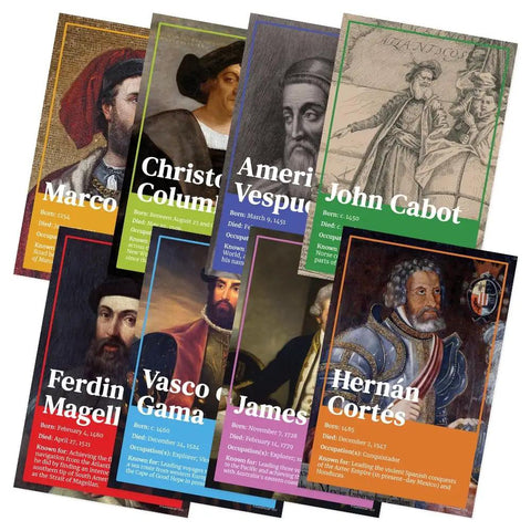 Famous Explorers Poster Set For Classrooms Eight History Posters 12 By 18 Inches K 12 Teaching Materials Made In USA Marco Polo To Hernan Cortes Social Studies Decor Your Class Will Dig It, featuring Marco Polo, Columbus, Vespucci, Cabot, Magellan, Gama, Cook, and Cortes.