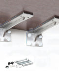 Heavy Duty Stainless Steel Wall Mount Shelf Brackets Built Like A Tank For 90 Degree Corner Support Comes Fully Loaded With Mounting Screws For Rugged Everyday Shelving, showing installed brackets.