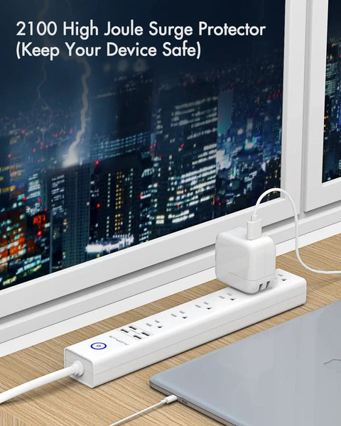 2 Pack Power Strip Surge Protector With 6 Outlets And 4 USB Ports on desk, connected devices, cityscape background