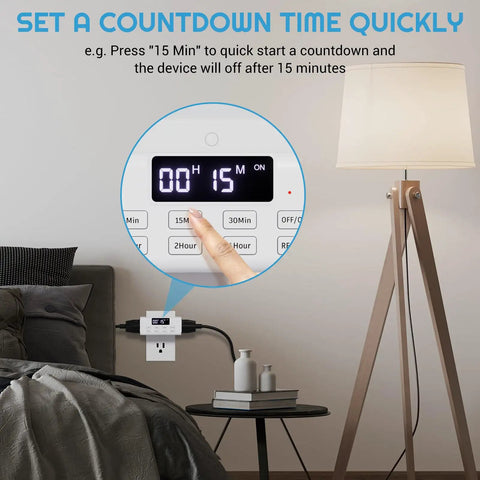 Slick Countdown Timer Outlet Pair Featuring One Touch Digital Dual Plug With Massive Backlit LCD Display showing countdown on a lamp setup.