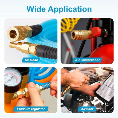 Image showing 14 Pcs 1 Quarter Inch NPT Air Hose Fittings Kit With Quick Connect Brass Couplers and Plugs used in various applications.