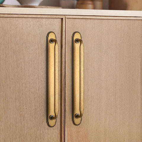 Antique Brass Zinc Alloy Cabinet Handle With Backplate 7.56 Inch Center To Center 192mm 2 Pack installed on wooden cabinet
