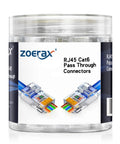 100 Pack RJ45 Cat6 Pass Through Connectors For Solid Or Stranded UTP Cable, Modular Plugs, Easy Crimp Termination, Supports 24 To 26 AWG And Up To 6.1mm OD, Pro Grade For Home Office Networking And DIY Cabling. Clear jar of RJ45 Cat6 pass-through connectors
