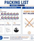 Packing list for Xsky Smart Recessed Lighting 6 inch 12 Pack with dimmer switch, user manual, and cut-out template.