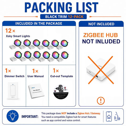 Packing list for Xsky Smart Recessed Lighting 6 inch 12 Pack with dimmer switch, user manual, and cut-out template.
