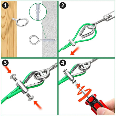 Installation of 100ft Green PVC Coated Wire Rope Kit With One Eighth Inch Cable Turnbuckle Tensioner Set Eye Screws Clamps